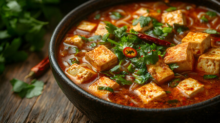 Spicy Tofu Noodle Soup, A Flavorful Bowl of Warmth, Featuring Tender Tofu Cubes Simmered in a Savory Broth, Garnished with Fresh Cilantro and Chili Peppers.