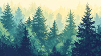 Obraz premium Misty Evergreen Forest, Serene Nature Scene