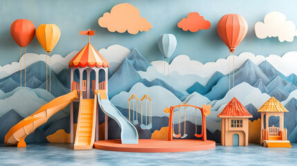 Fototapeta premium Colorful paper cut playground scene, kids play area, 3d illustration, for kids room decor, or educational resource