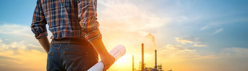 Engineer Holds Plans, Industrial Sunset View:  Designing efficient renewable energy solutions for a sustainable future.