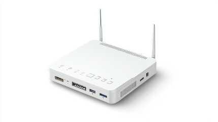 Wifi router, wireless broadband modem with antennas in front and perspective view. Vector realistic mockup of Ethernet router for network connection and Internet access isolated on white background