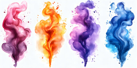 Vibrant Watercolor Swirls, Abstract Art Print Featuring Four Dynamic Color Explosions in Purple, Orange, Blue & Pink Hues.