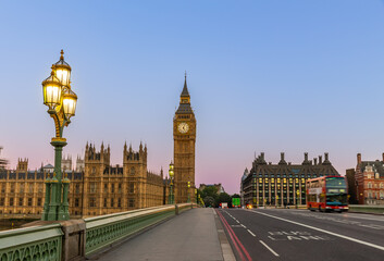 Big Ben and Red Bus in London in the Morning