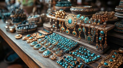 Obraz premium Teal gemstone jewelry displayed on dark wood