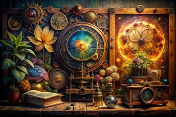 Vintage Scientific Illustrations on Weathered Wood Panel - Low Light Photography