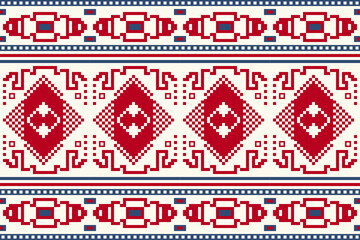 Ethnic pattern seamless of geometric red, white, blue. Abstract geometric background. Classic, modern, minimal, boho, native, tradition, endless concepts for fabric texture, wallpaper, fashion, decor.