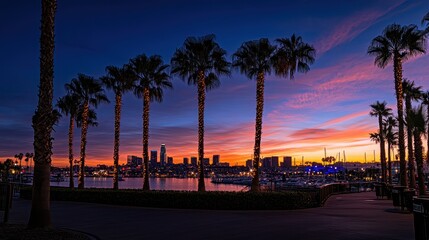 Palm fringed Skyline view at Dusk over the Marina of Long Beach