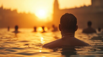 Fototapeta premium A serene silhouette of a man swimming at sunset.