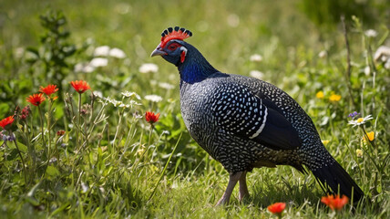  A vibrant guinea fowl standing in a lush green meadow ai