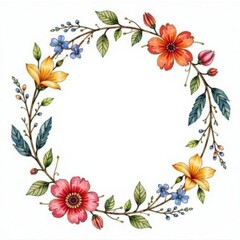 Naklejka premium Watercolor floral wreath surrounding a delicate vase, blooming flowers, lush greenery, botanicals
