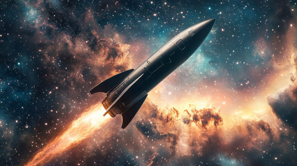 Obraz premium Space explorer poster with rocket on background of sky with stars. Vector banner of galaxy exploration with cartoon illustration of spaceship flying in cosmos