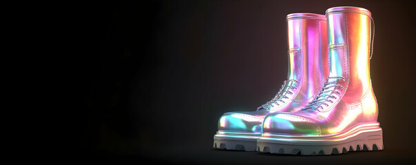Iridescent Boots, Futuristic Style on Dark Background.  Pair of  Holographic Combat Boots Radiates Shimmering Light.