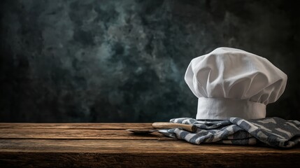 chefs hat on wooden table with bowl and garlic on napkin on isolated dark background