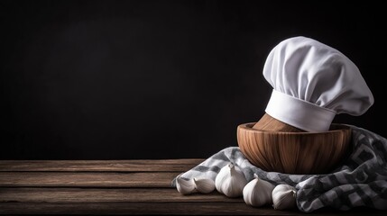 chefs hat on wooden table with bowl and garlic on napkin on isolated dark background