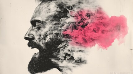 Abstract portrait of a man, grayscale and pink hues, intense emotion conveyed through stylized smoke.