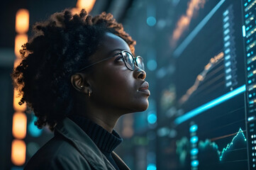 Focused Woman Analyzing Data On Illuminated Screens Using A Display Panel Using