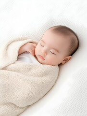 Baby is peacefully sleeping wrapped in a soft blanket on a white surface