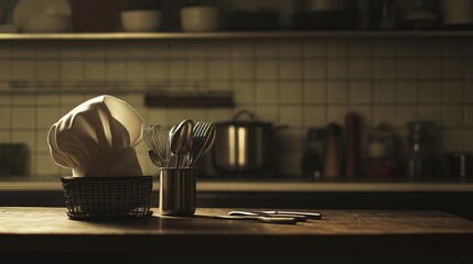 chefs hat on wooden table in a  kitchen with essentials