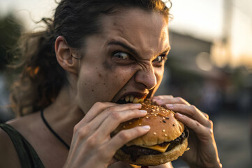 Woman Expressing Anger While Eating Fast Food
