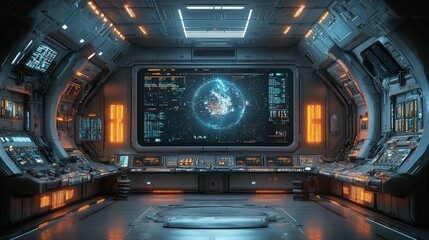 Futuristic spaceship bridge, vibrant displays, planet view