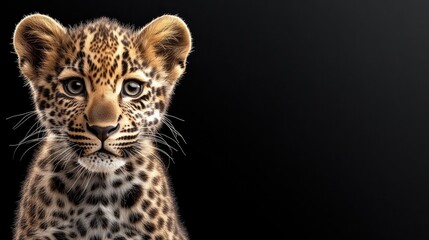 Obraz premium A detailed close-up of a leopard's face reveals its vibrant blue eyes and distinctive fur patterns, set against a solid black background
