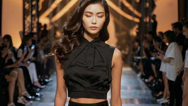 Fashion video showcasing a model in elegant attire walking confidently on a runway, captured with a frontal camera angle.