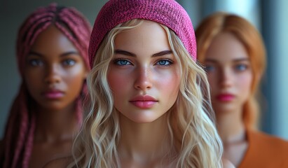 Fototapeta premium Close-Up of Three Women with Unique Hairstyles and Accessories