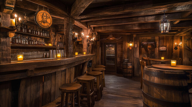 Empty dark western tavern at night. Cartoon vector cowboy saloon interior in dusk with light from candle on wooden bar counter, entrance door and table with chair, wood barrels and cups with beer.