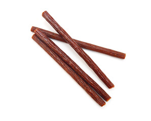Smoked thin sausages, isolated on white