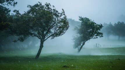 Trees bending in strong wind and rain.