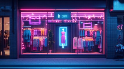 Obraz premium A vibrant retail storefront illuminated with neon lights showcasing colorful clothing and a stylish mannequin.