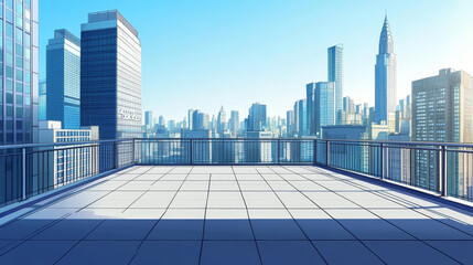 Terrace on rooftop with city view. Empty patio on roof or balcony with railing on background of cityscape with modern buildings and skyscrapers. Vector cartoon illustration of house terrace in town