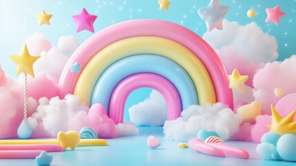 Pastel Wonderland , Dreamy Rainbow, Clouds and Starry Skies Background