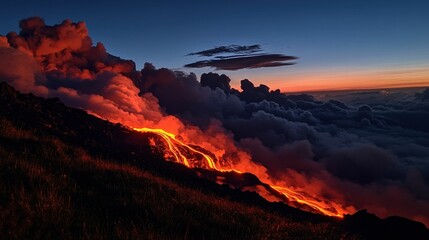 Fiery lava flows down volcanic slope at sunset