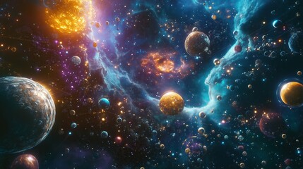 Fototapeta premium A sprawling cosmic blockchain network is illustrated amidst countless planets and vibrant galaxies. This visual representation showcases the complexity of interstellar connectivity and technology