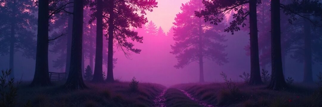 Twilight atmosphere in a zirben forest with soft pink hues, misty, twilight