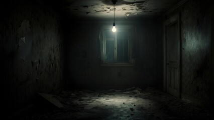 Obraz premium Dimly lit, abandoned room featuring peeling wallpaper and scattered debris, with a single light bulb illuminating a dusty window at night, creating an eerie atmosphere of neglect and isolation