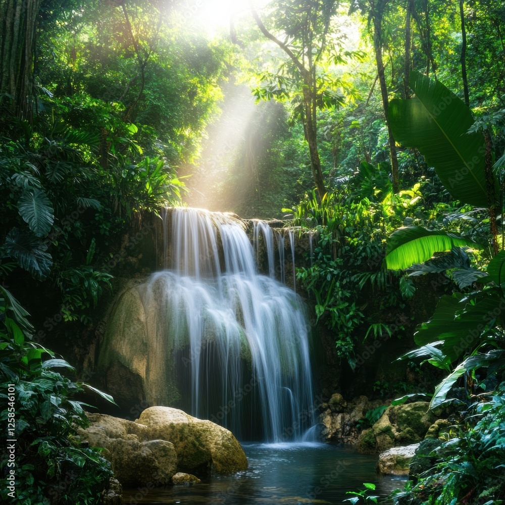 Poster waterfall cascades gently through lush greenery in a vibrant rainforest during daylight hours. gener