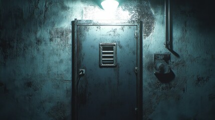 Focusing on a solitary confinement door slot, the harsh lighting illuminates a stark and worn prison wall, capturing an atmosphere of isolation and confinement