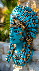 Ancient Queen Bust, Turquoise & Gold Headdress, Intricate Detailing, Majestic Pose, Vibrant Colors