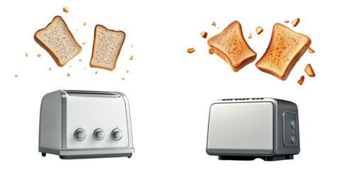 Untitled design - Set of a toaster with two slices of toast flying out, isolated on white background.
