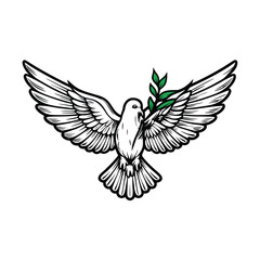 A white dove, wings slightly spread, gently holds an olive branch in its beak, symbolizing peace and hope.  The background is a soft, blurred sky.