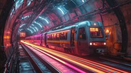 Naklejka premium Neon-lit train speeds through futuristic tunnel