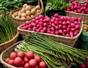 Fresh spring vegetables at a farmer&rsquo;s market &ndash; vibrant, colorful produce like radishes, asparagus, and leafy greens displayed in woven baskets.