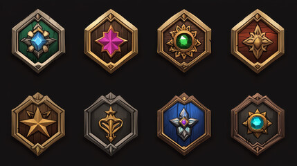 Fantasy hexagon frames of game avatars. Ranking wooden, stone, bronze, silver and gold badges with star, laurel borders, gems, crown and red pennant, vector cartoon set isolated on background