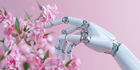 Futuristic robotic hand gently touching pink flowers in a serene nature integration concept