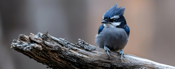 Majestic Blue Jay Perched on Weathered Wood, a Stunning Avian Portrait in Nature's Embrace.