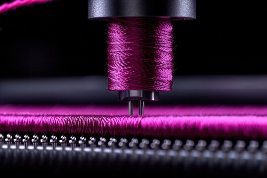 Close-up of a sewing machine needle stitching vibrant pink thread on fabric.