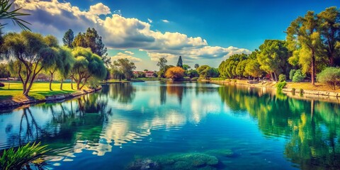 Vintage Summer Lake Scene, Povoa de Varzim Park, Portugal