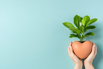 Hands holding heart-shaped pot with plant. Blue background. Concept love, growth, care